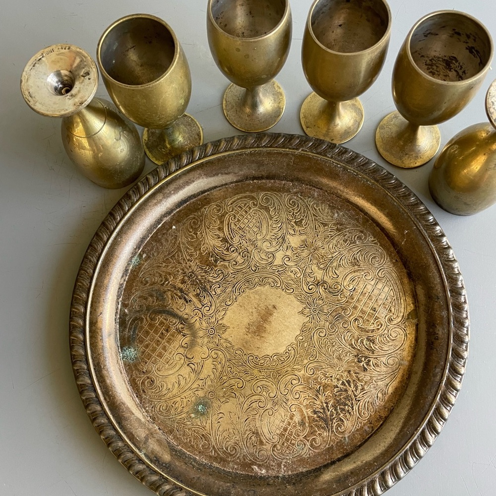 GUC Vintage Antique Silver Tone Goblets + Tray